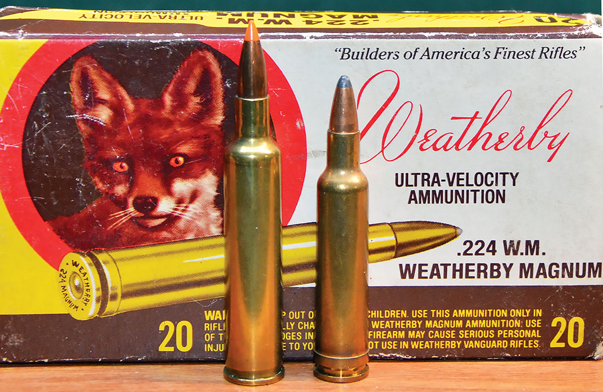 Roy Weatherby built rifles in 220 Rocket until he came up with the 224 Weatherby Magnum with a belted case and his familiar double-radius  shoulder. He did not get around to offering the new cartridge until  developing a drastically scaled-down version of his later Mark V action. Called the Weatherby Varmintmaster, it was introduced in 1963. Cartridges shown here are the 220 Rocket (left) and the 224 Magnum (right).